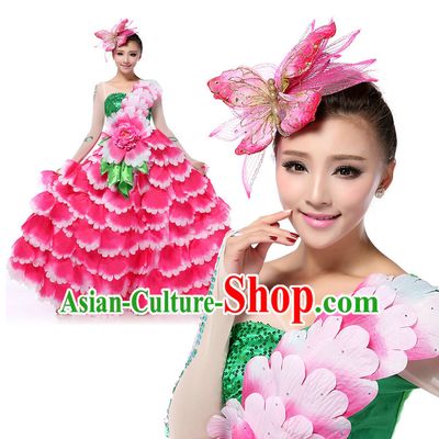 Chinese Traditional Flower Dancing Apparel Dance Attire and Headpiece Complete Set for Women