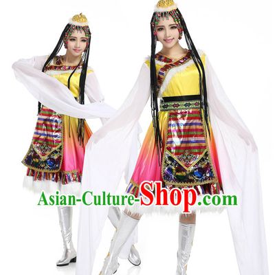 Chinese Traditional Tibetan Dancing Apparel Dance Attire and Headpiece Complete Set for Women
