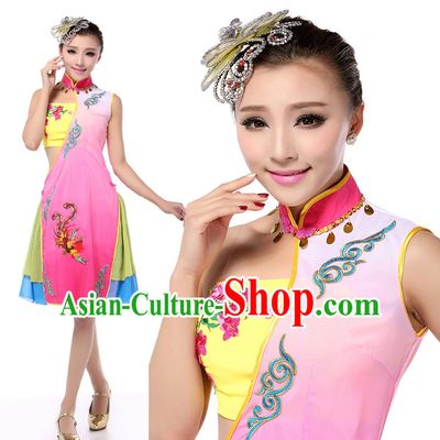 Chinese Stage Cheongsam Qipao Costumes Dance Stores Dance Gear Dance Attire and Hair Accessories Complete Set
