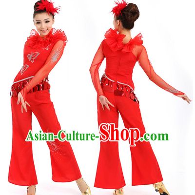 Chinese Red Stage Costumes Dance Stores Dance Gear Dance Attire and Hair Accessories Complete Set