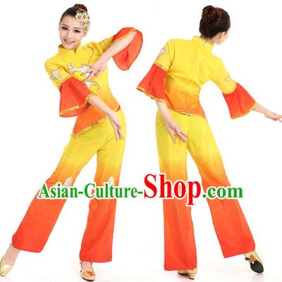 Asian Chinese Classical Fan Dancing Costume Dance Stores Dance Gear Dance Attire and Hair Accessories Complete Set