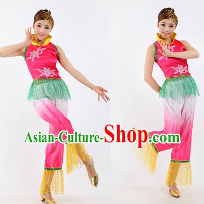 Asian Chinese Fan Dance Costume Dance Attire and Hair Accessories Complete Set
