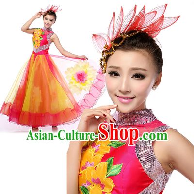 Chinese Stage Opening Dancing Costumes Apparel Dance Stores Dance Gear Dance Attire and Hair Accessories Full Set