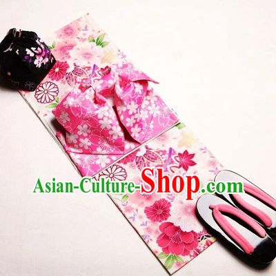 Japanese Pink Flower Yukata Female Kimono Complete Set