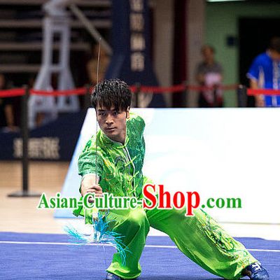 Top Green Embridered Martial Arts Uniform Supplies Kung Fu Swords Broadswords Championship Competition Clothing for Men
