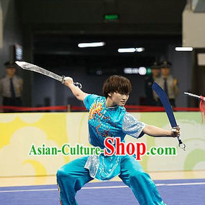 Top Skyblue Kung Fu Broadsword Costume Martial Arts Broadswords Costumes Kickboxing Superhero Apparel Karate Combat Competition Clothing for Women