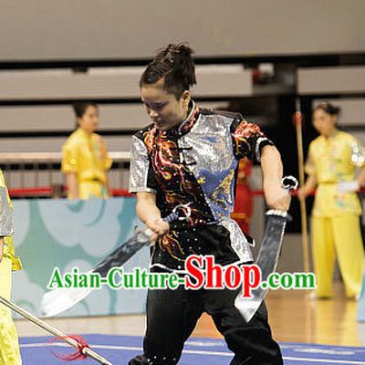 Top Black Silver Kung Fu Broadsword Costume Martial Arts Broadswords Costumes Kickboxing Superhero Apparel Karate Combat Competition Clothing for Women