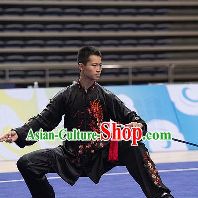 Top Embroidered Dragon Tai Chi Swords Championship Costumes Taijiquan Uniforms Quigong Uniform Thaichi Martial Arts Qi Gong Kung Fu Combat Clothing Competition Clothes for Men