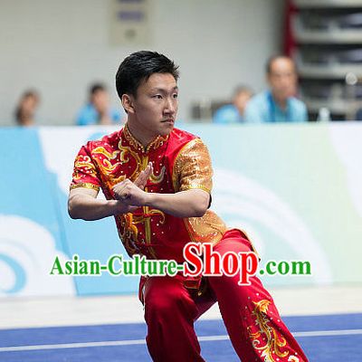 Top Red Embroidered Chinese Kung Fu Uniform Martial Arts Uniforms Kungfu Suits Competition Costumes Complete Set