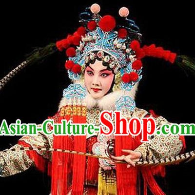 Chinese Classical Beijing Opera Mandarin Heroine Phoenix Hat and Peacock Feathers Long Pheasant Tail Feathers