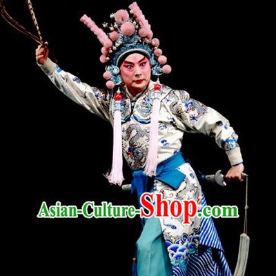 Chinese Ancient Wu Sheng Costumes Fighting or Military Character Costume and Long Pheasant Feather Tail Helmet Complete Set for Men
