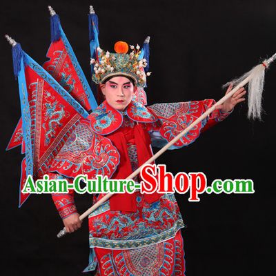 Chinese Beijing Opera Wu Sheng Fighting or Military Character Armor Costumes Flags and Helmet Full Set for Men