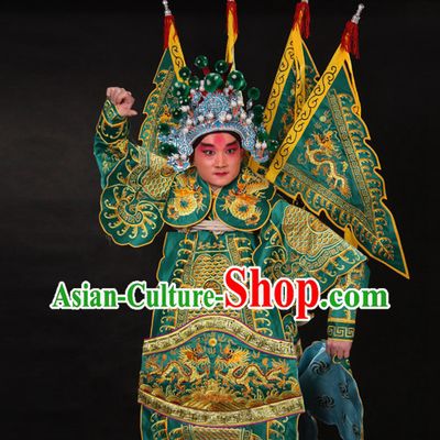 Chinese Beijing Opera Wu Sheng Fighting or Military Character Armor Costumes Flags and Helmet Full Set for Men