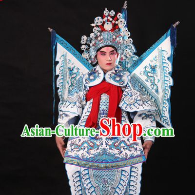 Chinese White Beijing Opera Wu Sheng Fighting or Military Character Armor Costumes Flags and Helmet Full Set for Men