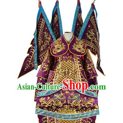 Chinese Purple Theatrical Costume Beijing Opera Costumes Peking Opera Wu Sheng Embroidered Armor Costumes and Flags for Men