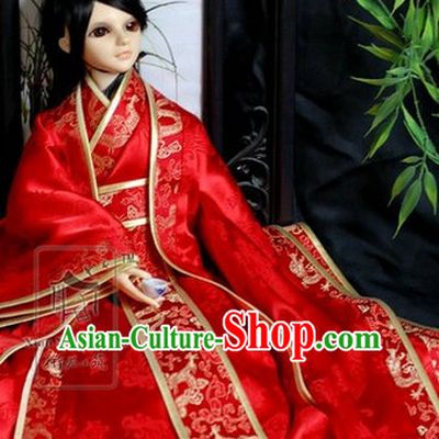 Chinese Red Folk Wedding Dress and Hat for Bridegrooms