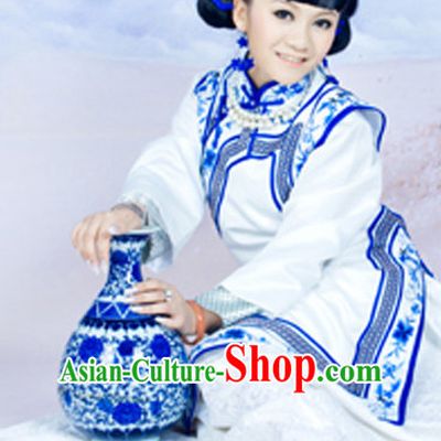 Blue and White Chinese Folk Dress and Headpieces Complete Set for Ladies