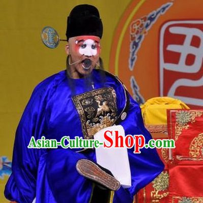 Blue Chinese Traditional Peking Opera Clown Official Costumes and Hat Complete Set for Men
