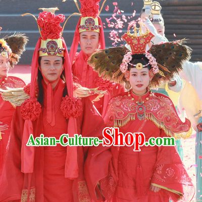 Chinese Ancient Ethnic Minority Wedding Dresses and Headwear 2 Sets