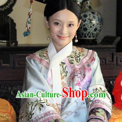 Chinese Ancient Empress Manchu Qipao Cheongsam Clothing and Headwear Complete Set