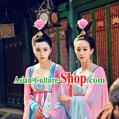 Chinese Ancient Tang Dynasty Palace Maid Clothing and Headwear Complete Set