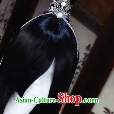 Chinese Traditional Black Long Wig and Prince Coronet