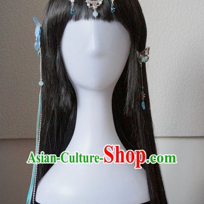 Traditional Chinese Princess Handmade Hair Accessories and Black Long Wigs