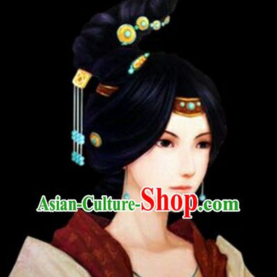 Chinese Ancient Style Ladies Long Black Wigs and Hair Jewelry