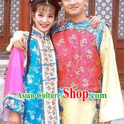 Chinese Traditional Manchu Noblewomen and Noblenen Costumes and Headpieces Complete Set