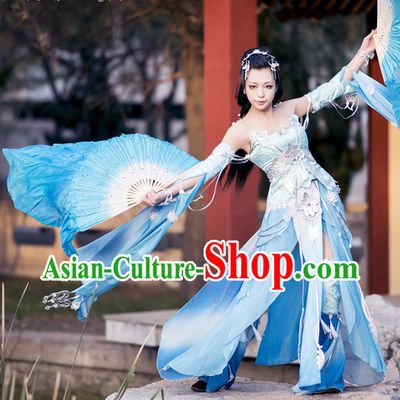 Asia Fashion Chinese Fairy Water Sleeves Fan Dancing Costumes and Hair Accessies Complete Set