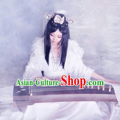 Chinese Classical White Musician Koto Costume Complete Set for Women