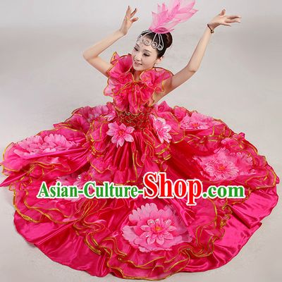 Chinese Folk Flower Dancing Costume and Headwear Complete Set for Women
