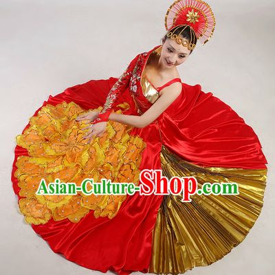 Chinese Folk Flower Dancing Costume and Headwear Complete Set for Women