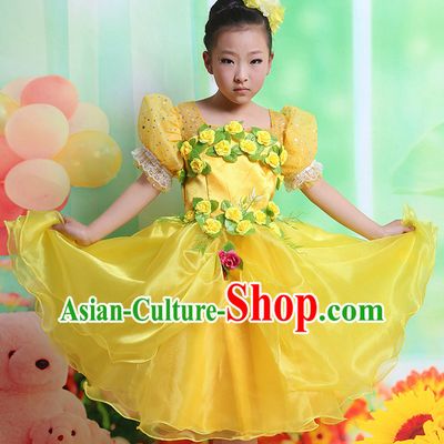 Chinese Flower Dancing Costume and Headwear Complete Set for Kids