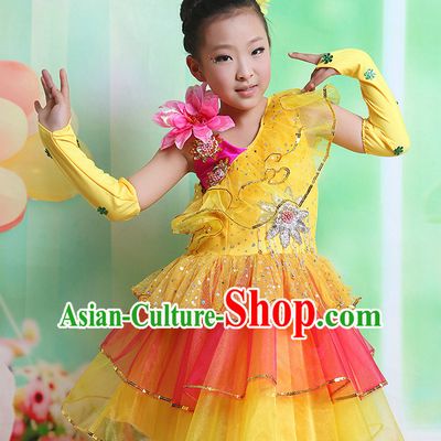Chinese Fan Dancing Costume and Headwear Complete Set for Kids