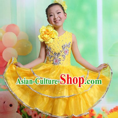 Chinese Flower Dancing Costumes and Hair Accessory Complete Set for Kids