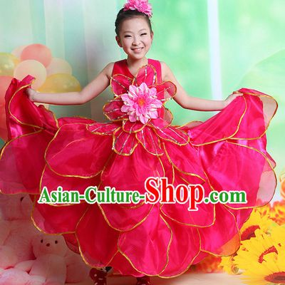 Chinese Flower Dancing Costume and Hair Accessory Complete Set for Kids