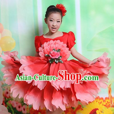 Chinese Flower Dancing Costume and Hair Accessory Complete Set for Kids