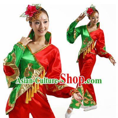 Chinese Flower Dancing Costume and Hair Accessory Complete Set for Ladies