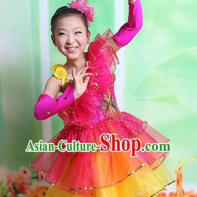 Chinese Fan Dancing Costumes and Hair Accessory Complete Set for Kids