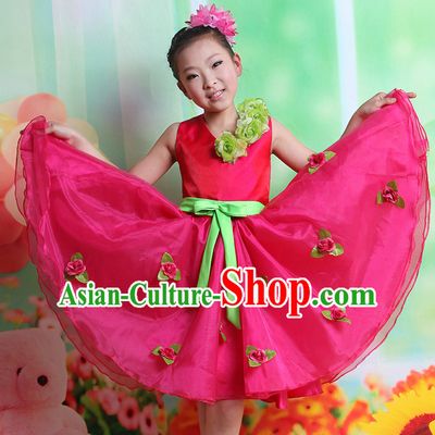 Chinese Folk Ribbon Dancing Costumes and Hair Accessory Complete Set for Kids