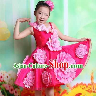 Chinese Flower Dancing Costumes and Hair Accessory Complete Set for Kids