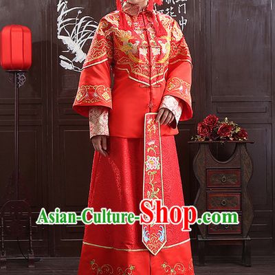 Chinese Traditional Wedding Ceremonial Outfit and Phoenix Crown Complete Set for Women