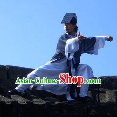Chinese Deep Blue Yin Yang Wudang Mountain Taoist Costumes Complete Set for Men