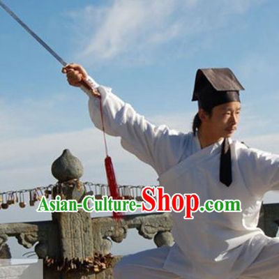 China White Wudang Mountain Taoist Costumes Complete Set for Men