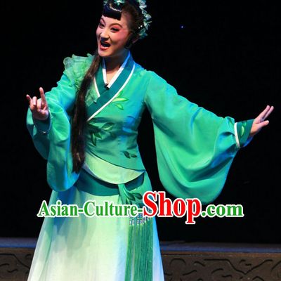 Chinese Traditional Dresses Theatrical Costumes Ancient Chinese Hanfu Tea Plucking Lady Costumes and Hair Accessories
