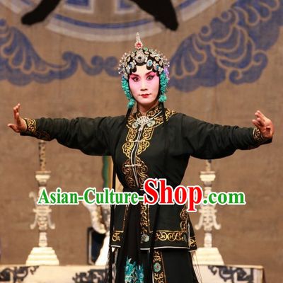 Ancient Chinese Beijing Opera Black Hua Tan Costumes and Hair Accessories Complete Set