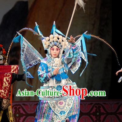 Ancient Chinese Beijing Opera Military Hua Tan Costumes and Hair Accessories Complete Set