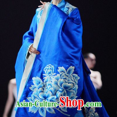 Blue Chinese Long Trail Empress Opera Costumes and Headwear Complete Set for Women