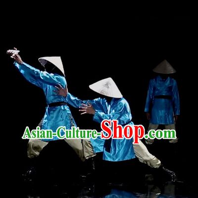 Awesome Chinese Dance Group Dancing Dance Costumes and Strawhats Complete Set for Men